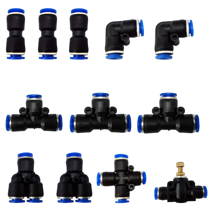 [Australia - AusPower] - Pneumatic 6mm(1/4 Inch) Push To Connect Air Line Tube Fittings Pneumatic Fittings Kit 1 Spliter+2 Elbows+3 Tee+3 Straight+2Manifold+1 Hand Valve Air Line Quick Connect （12 Pack） 