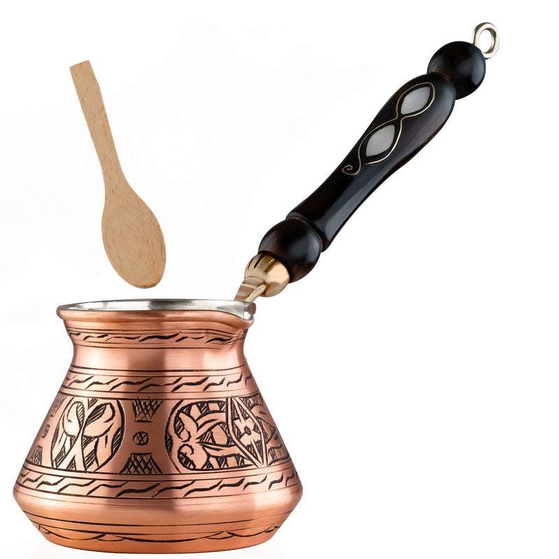 [Australia - AusPower] - BCS 12 Oz Copper Turkish Greek Arabic Coffee Pot with Wooden Handle (4 servings) Cezve Ibrik Briki Stovetop Coffee Maker (Includes Wooden Spoon) 