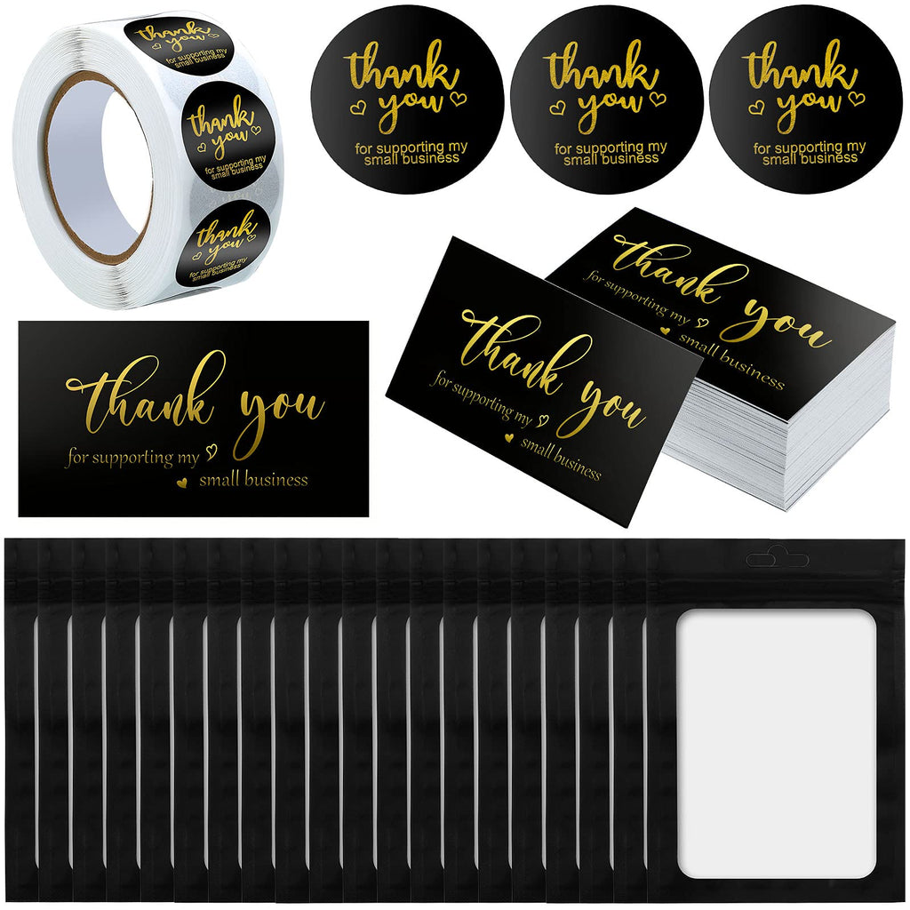 [Australia - AusPower] - 620 Pieces Thank You Cards and Stickers Set Thank You Gold Foil Stickers Thank You for Supporting My Small Business Stickers with Resealable Packaging Bag, Suitable for Business Owners (Black) Black 