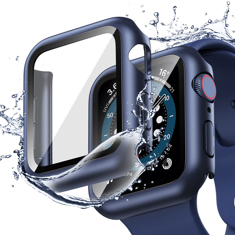 [Australia - AusPower] - [2 Pack] Goton Waterproof Case Compatible for Apple Watch SE Series 6 /5 /4 44mm with Screen Protector, PC Matte Hard HD Tempered Glass Full Face Cover Bumper Accessories for iwatch Women Men Blue+Blue For 44mm only 
