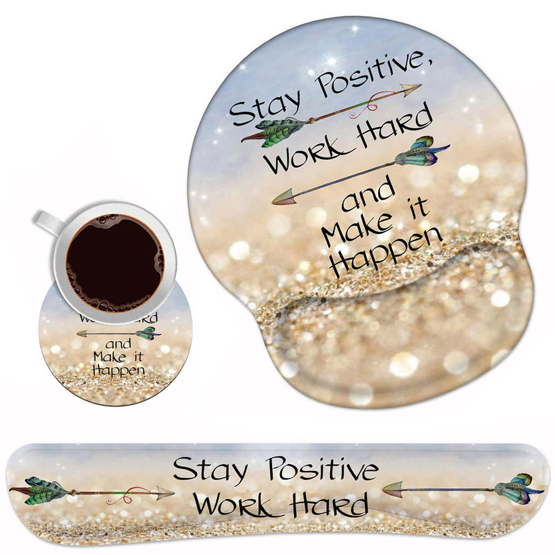 [Australia - AusPower] - Keyboard Wrist Rest and Mouse Pad Wrist Support Set with Coasters,Stay Positive Work Hard and Make It Happen Inspirational Quote Wrist Mouse Pad with Non-Slip PU Base for Computer Laptop Home Office 
