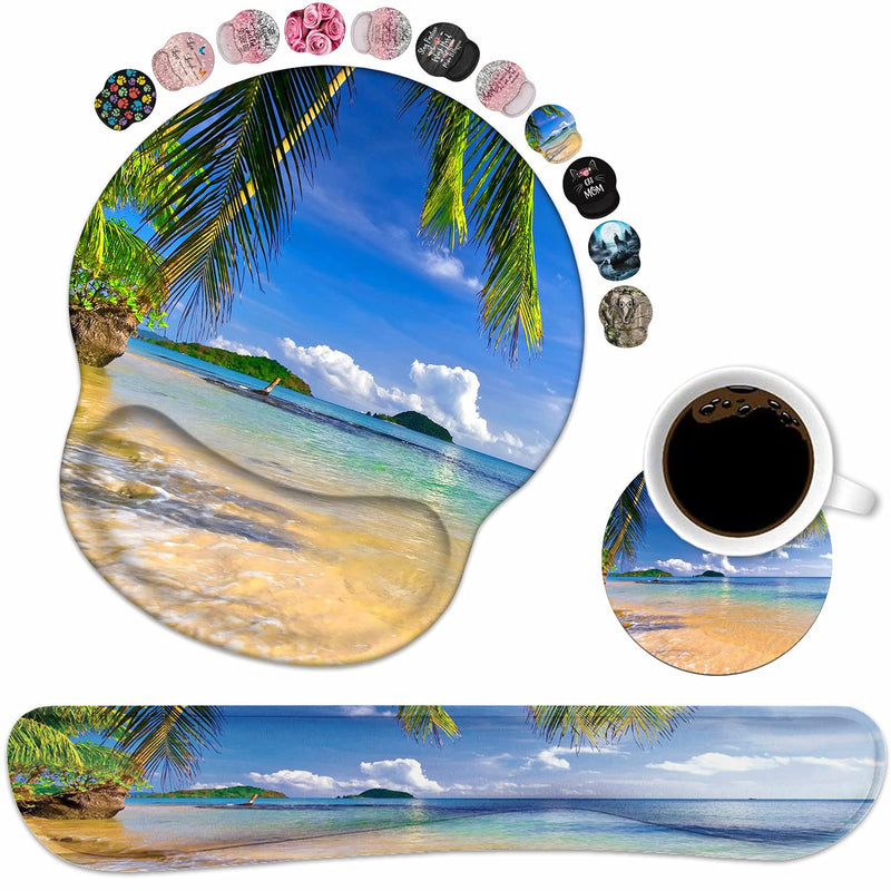[Australia - AusPower] - Keyboard Wrist Rest and Mouse Pad Wrist Support Set with Coasters, Non-Slip PU Base Ergonomic Gaming Mousepad for Home Office Working Studying Easy Typing & Pain Relief, Shore Palms Tropical Beach 