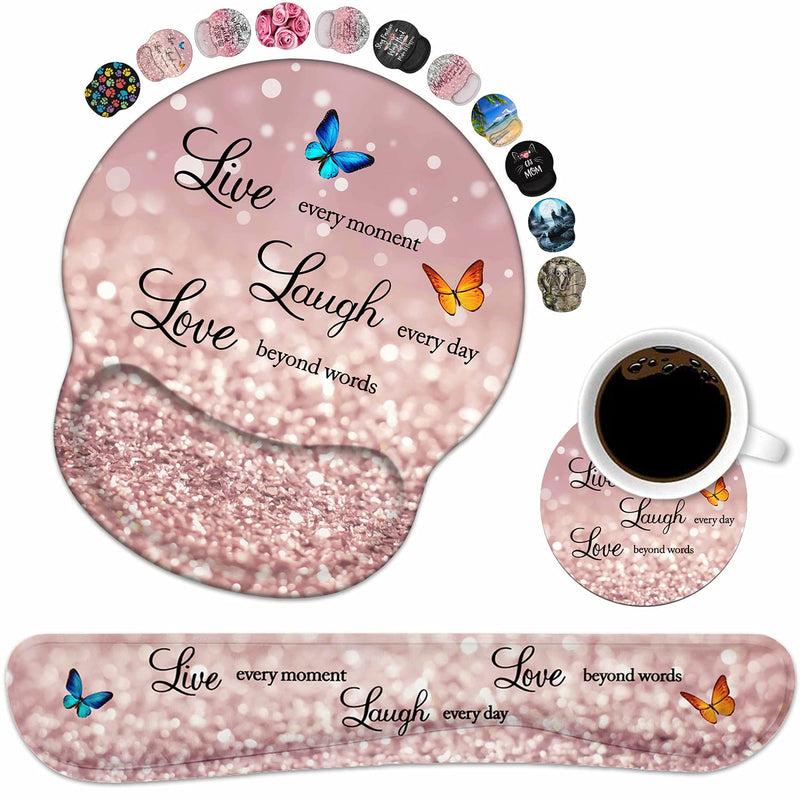[Australia - AusPower] - Keyboard Wrist Rest and Mouse Pad Wrist Support Set with Coasters, Non-Slip PU Base Ergonomic Gaming Mousepad for Home Office Working Studying Easy Typing & Pain Relief, Glitter Quote Live Laugh Love 