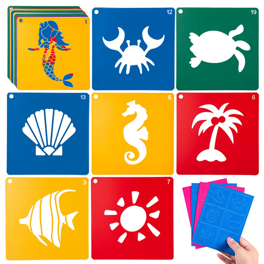 [Australia - AusPower] - 20 PCS Ocean Creatures Stencils for Kids, 8 x 8 Inch ViikiFain Drawing Stencils for Painting on Wood Colorful Sidewalk Chalk Stencils with 4 Pcs Stickers for Kids, Reusable DIY Art and Craft Stencils #2 