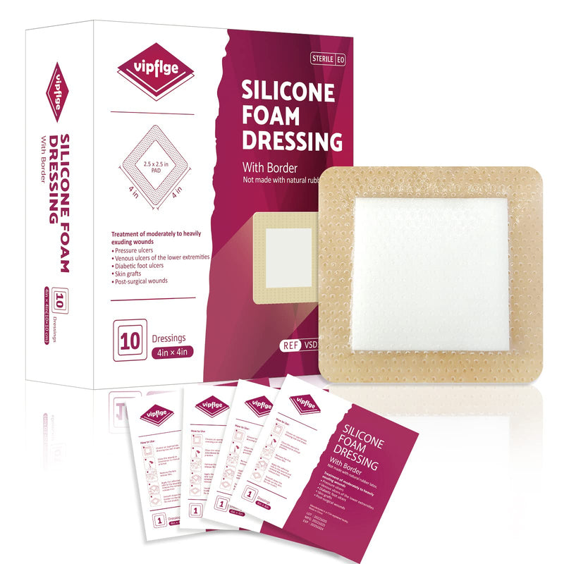 [Australia - AusPower] - Silicone Foam Dressing with Gentle Adhesive Border 4'' x 4'' 10 Pack, High Absorbency Foam Wound Bandage for Bed Sore, Pressure Ulcer, Diabetic Foot Ulcer, Leg Ulcer 