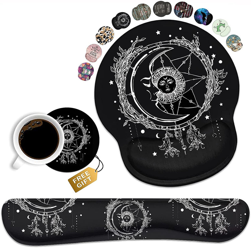 [Australia - AusPower] - Keyboard Wrist Rest and Mouse Pad Wrist Support Set, Non-Slip PU Base, Easy Typing and Relieve Wrist Pain, Perfect for Home Office Working Studying, Celestial Theme Sun with Crescent Moon 