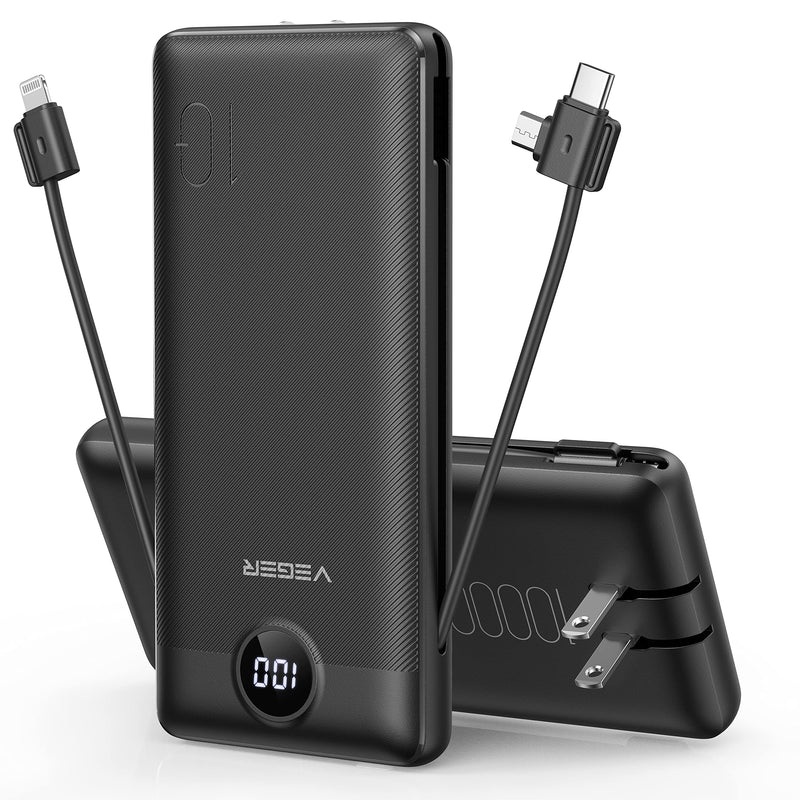 [Australia - AusPower] - VEGER Portable Charger for iPhone Built in Cables Fast Charging USB C Slim 10000 Power Bank, Wall Plug USB Battery Pack for iPhones, iPad, Samsung More Phones Tablets (Black) Black 