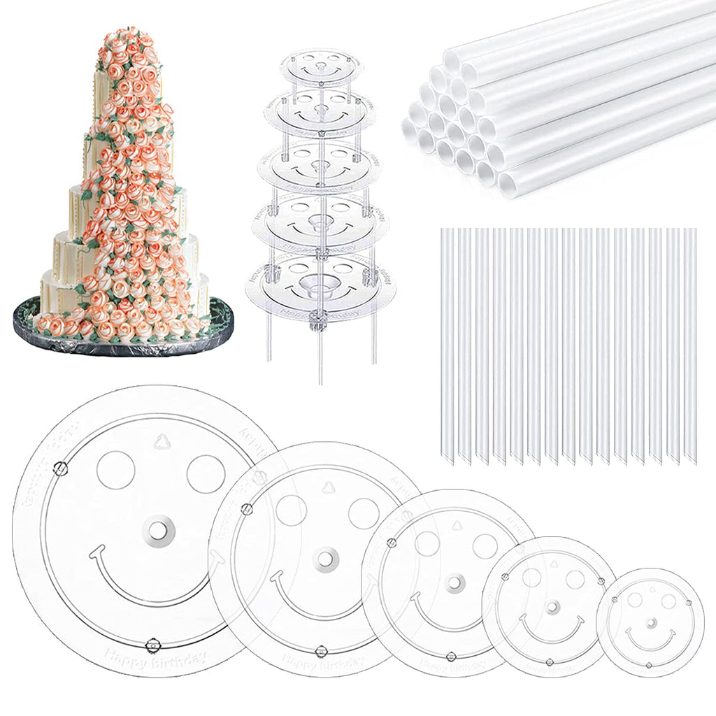 [Australia - AusPower] - 40 Pieces Plastic Cake Dowel Rods Set for Tiered Cakes, 20 White Cake Sticks Support Rods, 5 Cake Separator Plates for 4, 6, 8, 10, 12 Inch Cakes, 15 Clear Cake Stacking Dowels 