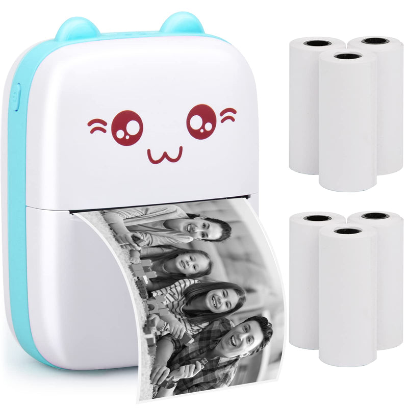 [Australia - AusPower] - Portable Printer, Mini Pocket Wireless Bluetooth Thermal Printers with 6 Rolls Printing Paper for Android iOS Smartphone, BT Inkless Printing Gift for Label Receipt Photo Notes Study Home Office, Blue 