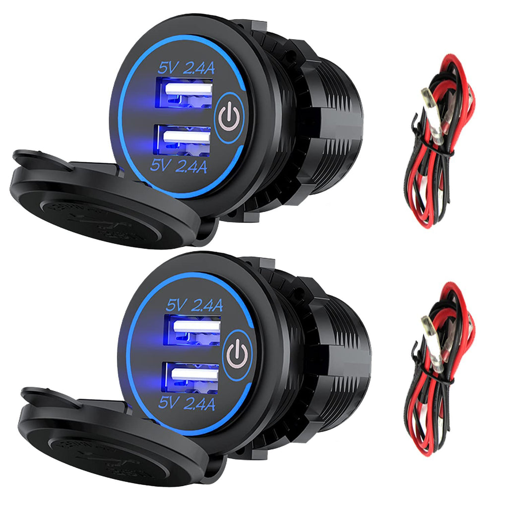 [Australia - AusPower] - GemCoo 2 Packs Dual USB Car Charger 12V USB Port, Output 2.4A & 2.4A (4.8A) Car Charger Socket Adapter, Power Outlet with Blue Light for Car, Boat, Motorcycle, RV, Truck 