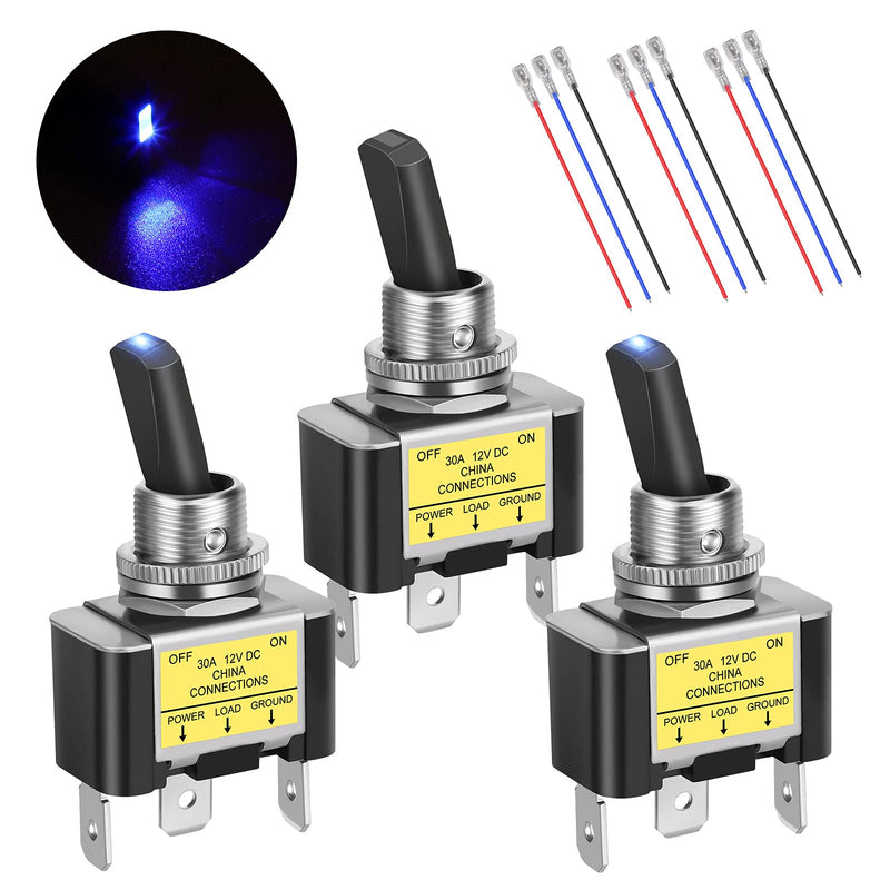 [Australia - AusPower] - Linkstyle 3PCS ON Off Rocker Lighted Toggle Switch 30A 12V DC SPST 2 Position 3 Pin Heavy Duty Blue LED Illuminated Light Wired for Car Boat Truck Automotive 