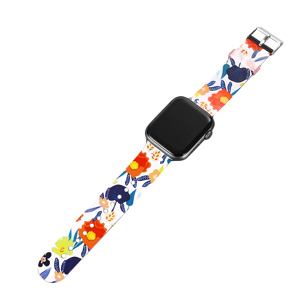 [Australia - AusPower] - Huayou Leather Floral Printed Band Compatible with Apple Watch Series 7 6 5 4 3 2 1 SE for iWatch 45mm 44mm 42mm 41mm 40mm 38mm,Sport Dressy Thin Comfortable Smartwatch Strap for Women&Men White 38/40/41MM 