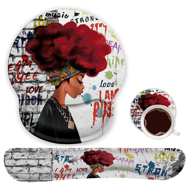 [Australia - AusPower] - Ergonomic Mouse Pad Wrist Support Gel and Keyboard Wrist Rest Set for Laptop, Mac, Gaming and Office, Durable, Comfortable and Pain Relief + Coaster, African Black Woman Graffiti Girls 