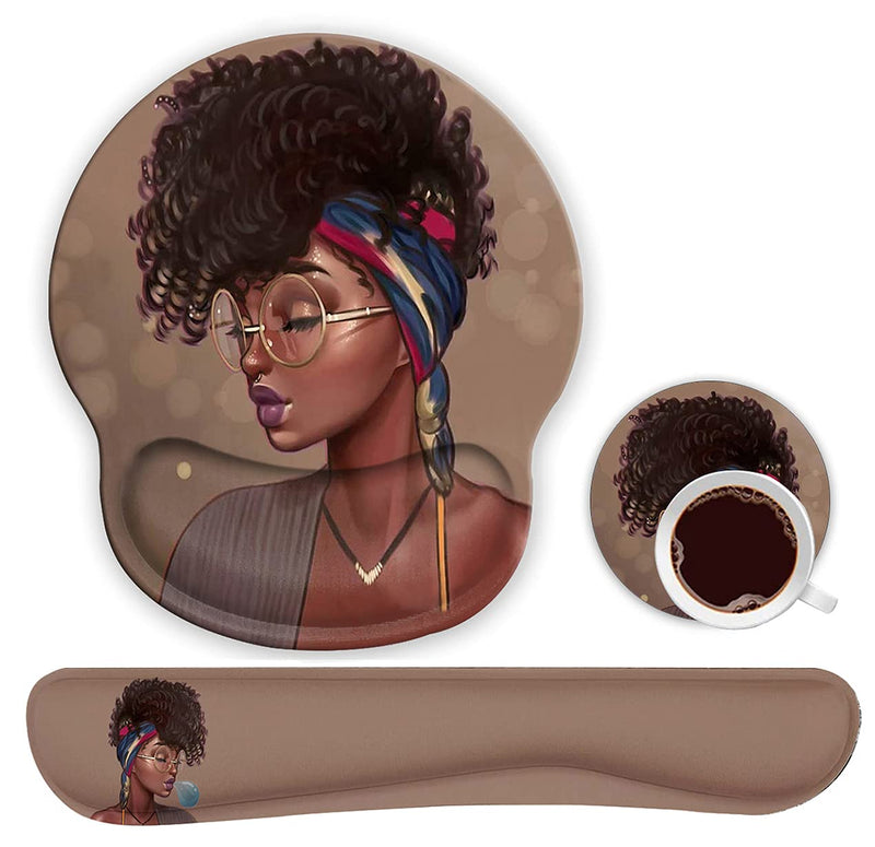 [Australia - AusPower] - Ergonomic Mouse Pad Wrist Support Gel and Keyboard Wrist Rest Set for Laptop, Mac, Gaming and Office, Durable, Comfortable and Pain Relief + Coaster , African American Women Girl 