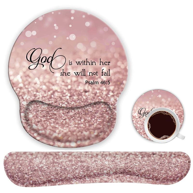 [Australia - AusPower] - Ergonomic Mouse Pad Wrist Support Gel and Keyboard Wrist Rest Set for Laptop, Mac, Gaming and Office, Durable, Comfortable and Pain Relief + Coaster , Psalm 46:5 God is Within Her,She Will Not Fall 