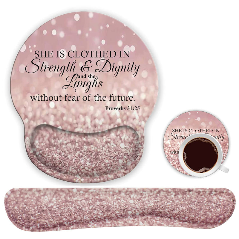 [Australia - AusPower] - Ergonomic Mouse Pad Wrist Support Gel and Keyboard Wrist Rest Set for Laptop, Mac, Gaming and Office, Durable, Comfortable and Pain Relief + Coaster, Proverbs 31:25,Bible Verse Pink Glitter 