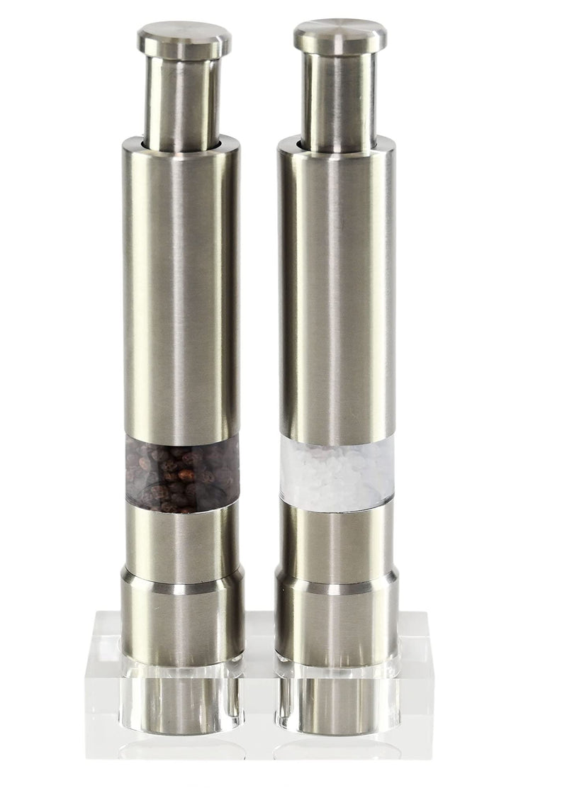 [Australia - AusPower] - HOME-X Stainless Steel One Hand Thumb Push Button Salt and Pepper Grinder with Stand-Set of 2-Modern Fresh Pepper, Sea Salt,Himalayan Salt 