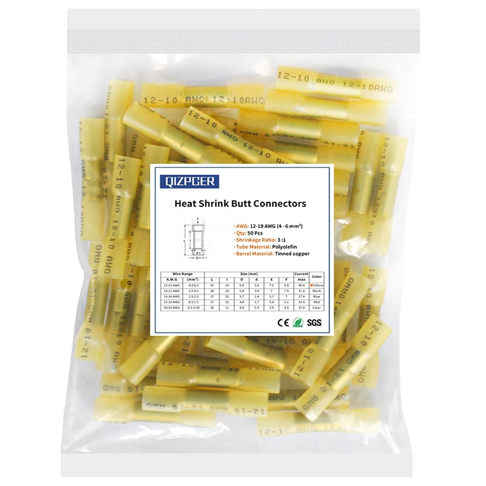 [Australia - AusPower] - 50 Pcs Yellow Heat Shrink Butt Connectors, 12-10 AWG Waterproof Crimp Terminals Electrical Wire Connectors Splice for Marine, Cable, Wiring 