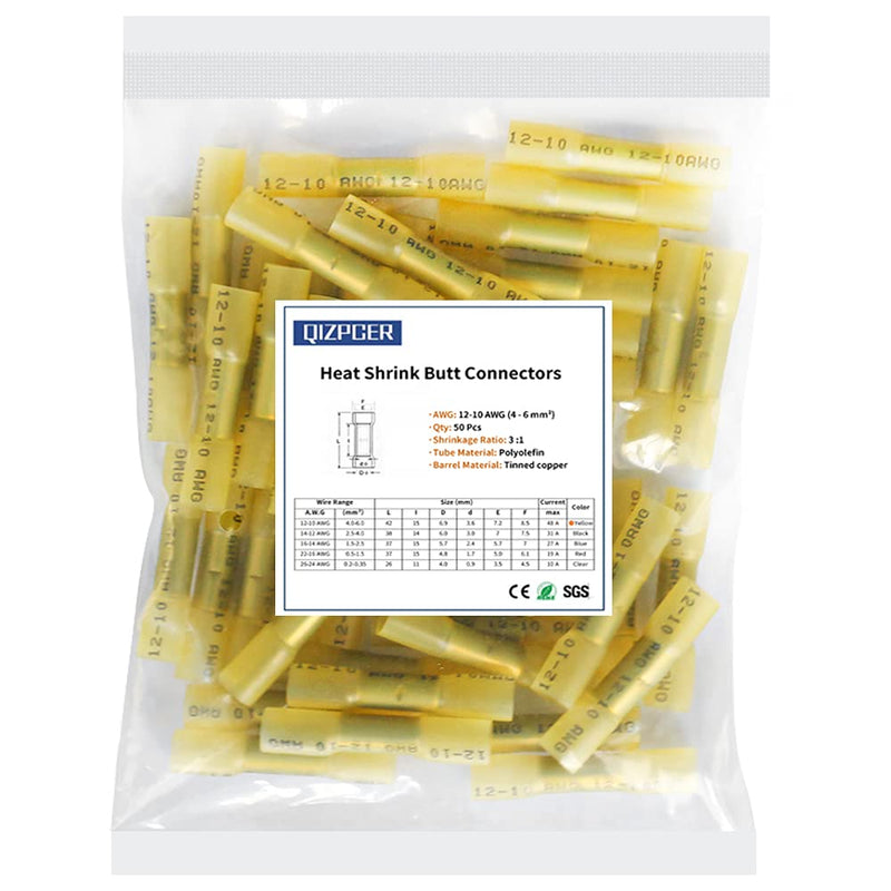 [Australia - AusPower] - 50 Pcs Yellow Heat Shrink Butt Connectors, 12-10 AWG Waterproof Crimp Terminals Electrical Wire Connectors Splice for Marine, Cable, Wiring 