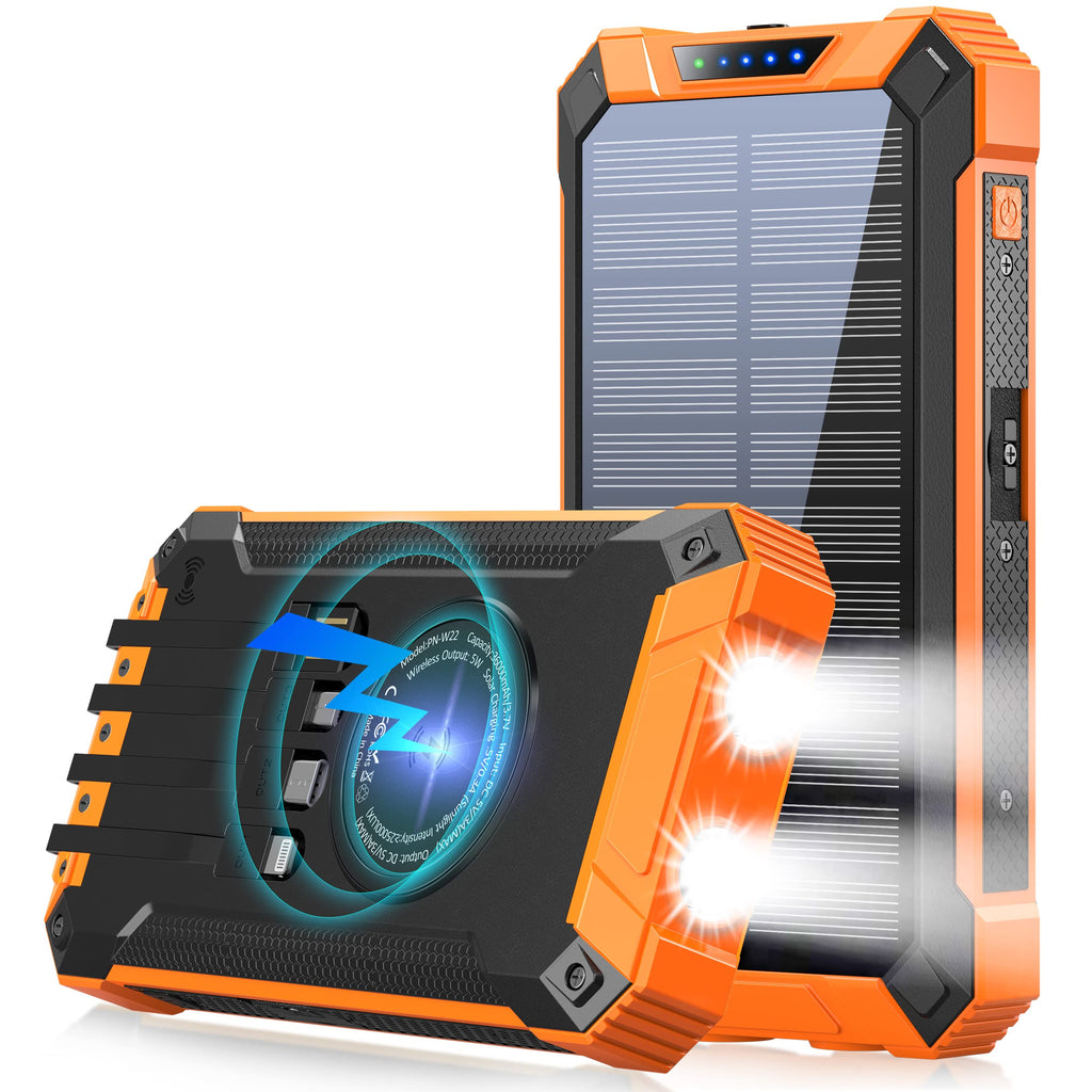 [Australia - AusPower] - Solar Power Bank 36000mAh Built-in 4 Cables Qi Wireless Charger with Dual LED Flashlight Solar Portable External Battery IPX4 Waterproof 15W 5V/3A USB C Port Six Outputs Three Inputs(Orange) Orange 