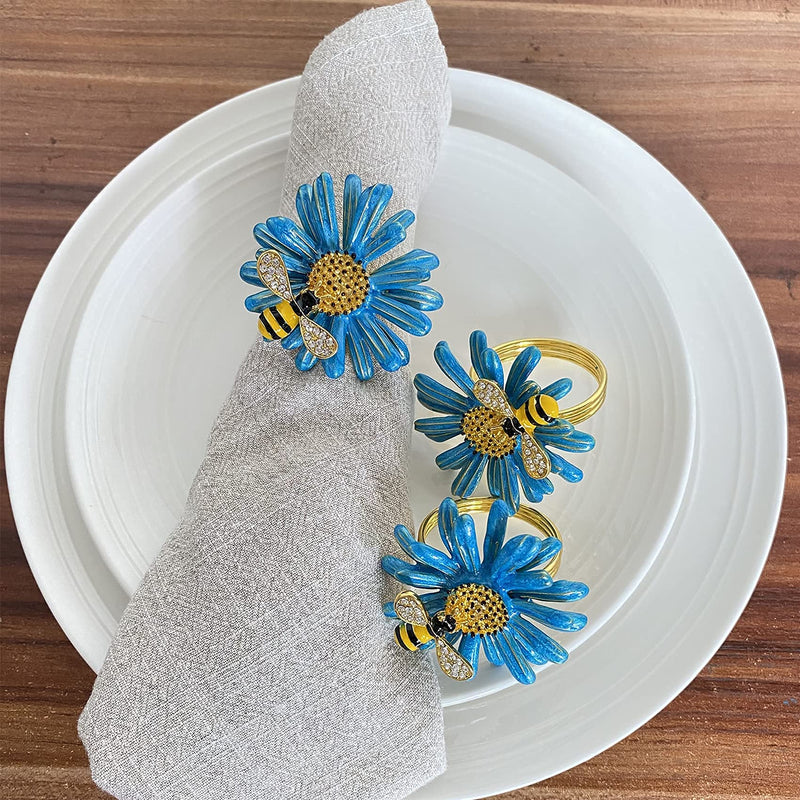 [Australia - AusPower] - Eaferm Set of 6 Bee Napkin Rings Modern Daisy Flower Napkin Holder Tablescape Table Place Setting Party Wedding Dining Decor Accessories (Blue) Blue 