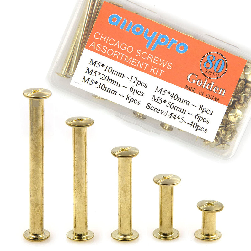 [Australia - AusPower] - NA Alloypro 80 Pcs Phillips Chicago Binding Screws M5 x 1020304050mm (Golden M5x1020304050) Golden M5x10/20/30/40/50 