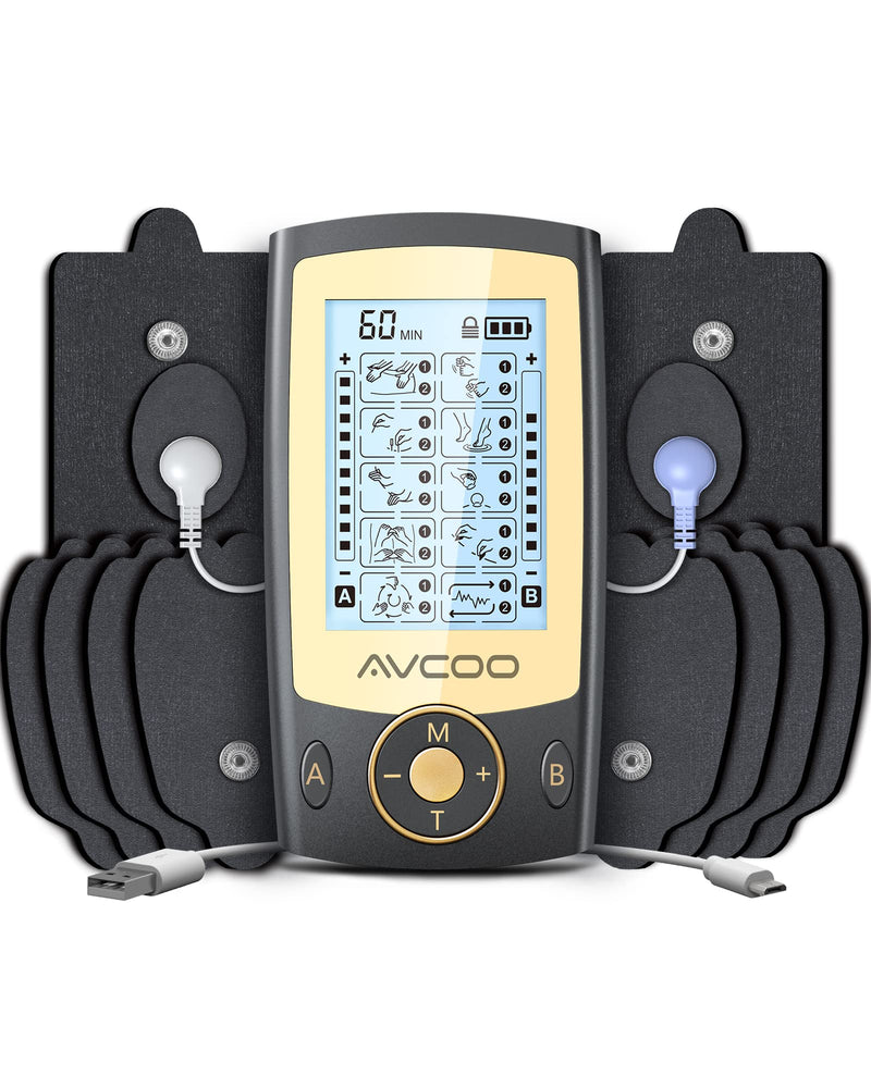 [Australia - AusPower] - Independent Dual Channel TENS Unit Muscle Stimulator, AVCOO 20 Modes Muscle Stimulator for Pain Relief with 12 Upgraded Electrode Pads, Rechargeable TENS Machine Pulse Massager with Dust-Proof Bag 