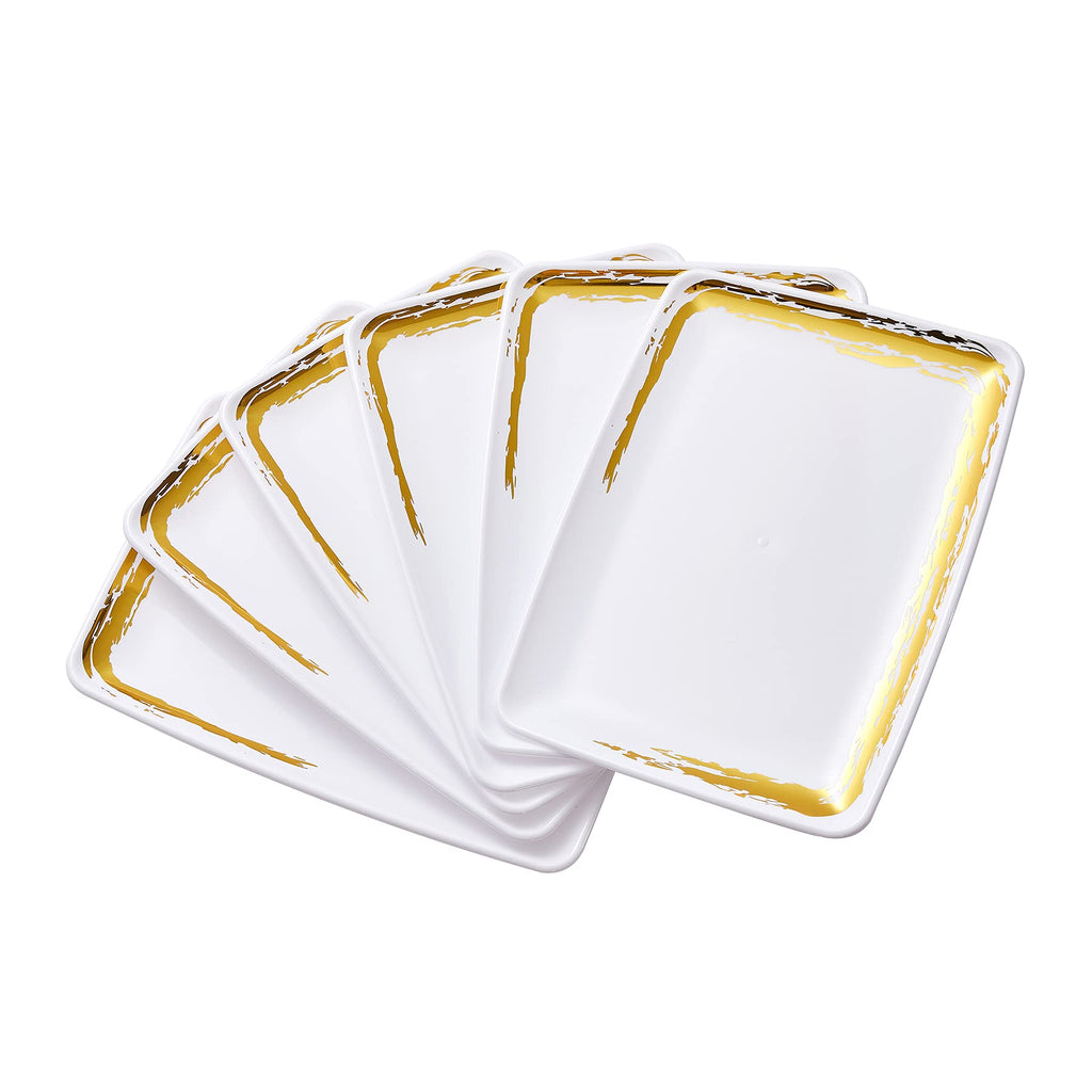 [Australia - AusPower] - N9R 6 Pack White Plastic Serving Trays with Gold Rim- 11“ x 8“ Rectangle Serving Platters - Tray Decor, Food Tray, Serving Trays for Party 