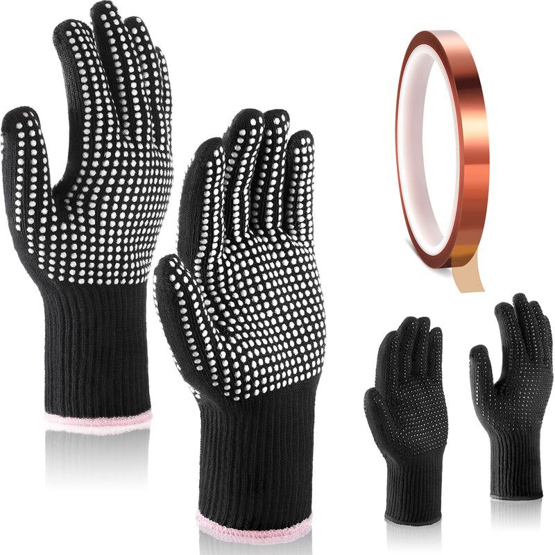 [Australia - AusPower] - 4 Pieces Heat Resistant Glove with Silicone Bumps 1 Roll Heat-resistant Adhesive Tape Heat Proof Gloves Black, White 