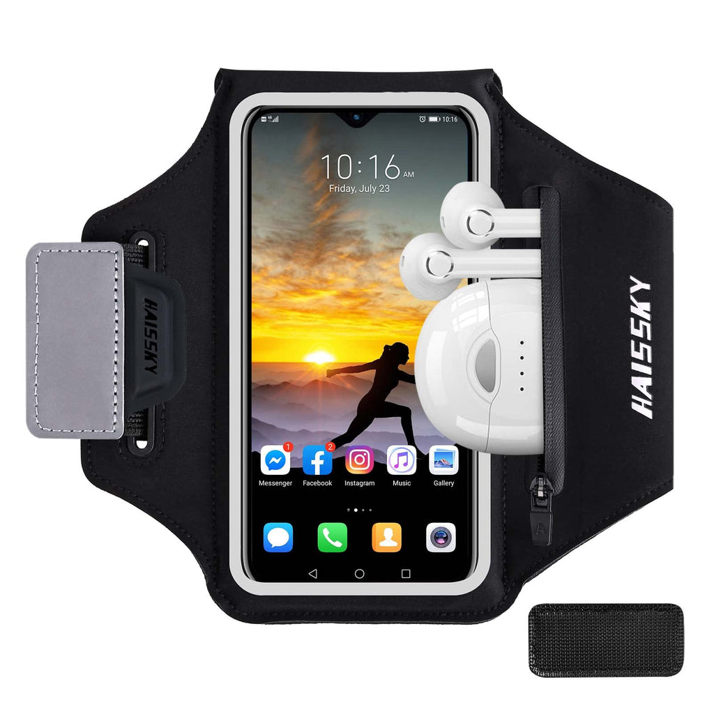 [Australia - AusPower] - HAISSKY Running Armband with Airpods Bag Cell Phone Armband for iPhone 12 Pro/11 Pro/XS/X/8, Galaxy S21/S20/S10, Water Resistant Sports Phone Holder & Zipper Slot Car Key Holder for 6.4 inch Phone Black (Up to 6.4'') 