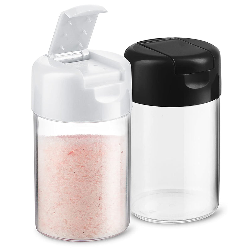 [Australia - AusPower] - Set of 2 - Plastic Salt and Pepper Shakers with Hinged Lid, No Spill Lunch Bag Camping Picnic Moisture Proof Spice Dispenser, Seasoning Container Pourer w/ Cover, 3.5 oz. Black & White 