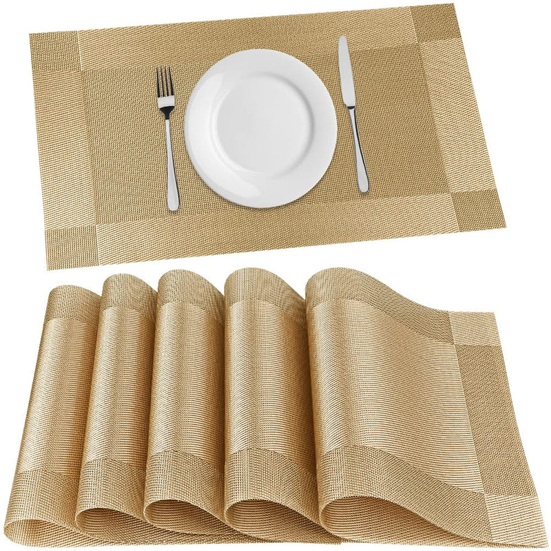 [Australia - AusPower] - FGSAEOR Placemats Place Mats for Kitchen Dining Table, Heat-Resistant StainAnti-Skid Washable PVC Table Mats, Easy to Cleaning Woven Vinyl Dinner Mats (Gold, 6 Pack) Gold 