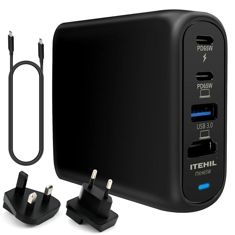 [Australia - AusPower] - ITEHIL USB C Charger, 65W USB C Wall Charger, PD Fast GaN Wall Charger, 4-in-1 USB C Adapter with 2 USB-C and USB-A 3.0 Data Ports and 4K HDMI Port for iPhone, iPad, Galaxy, Pixel, Switch and Laptop Black+0.5M Cable 