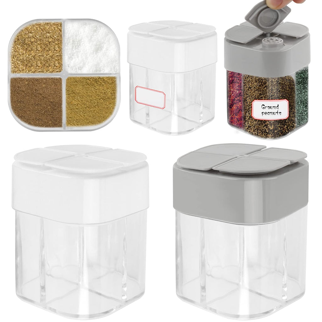 [Australia - AusPower] - 4 Pack 4 in 1 Plastic Salt and Pepper Shaker, Transparent Spice Dispenser 4 Compartment Seasoning Jar, Travel Spice Containers with Lids, Empty Spice Dispensers for Cooking BBQ(with 1 Sheet Label) 