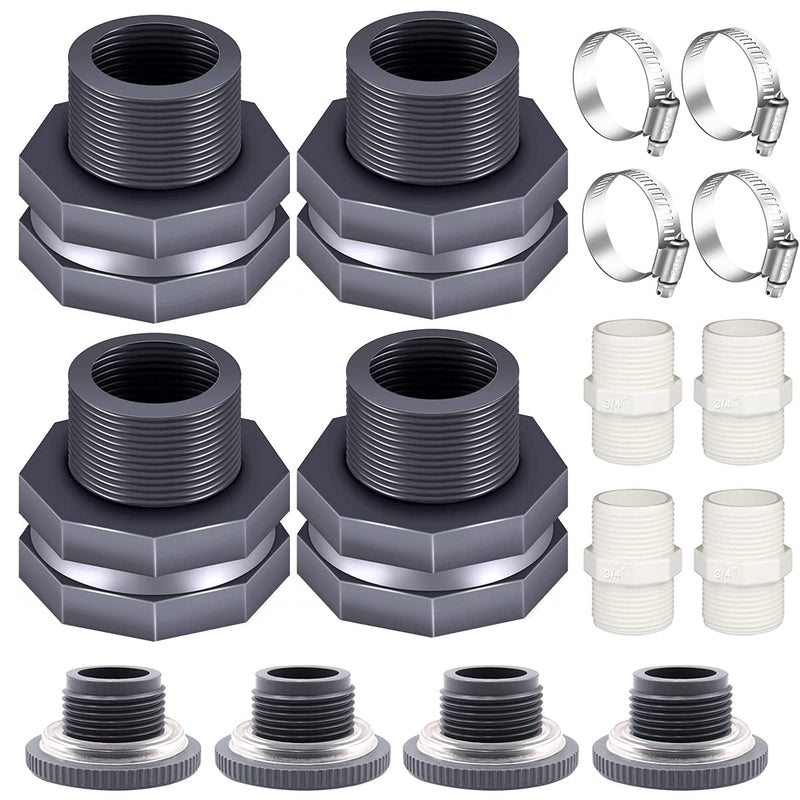 [Australia - AusPower] - Tnuocke 4PCS PVC Bulkhead Fitting 3/4 Inch with Plugs,water Pipe Connector,(21-38mm)Hose Clamps Kit,Water Tank Connector Adapter,Thru-Bulk Pipe Fitting for Rain Barrels,Water Tanks,Pools(Grey)H-07 4Pcs 3/4inch kit 