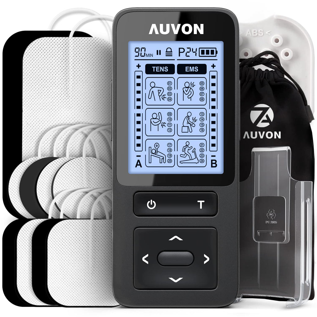 [Australia - AusPower] - AUVON 24 Modes TENS Unit Muscle Stimulator for Pain Relief, Rechargeable TENS Machine with 2X Battery Life, Belt Clip, Continuous Time Setting, Dust-Proof Bag, Cable Ties and 10 Electrode Pads 