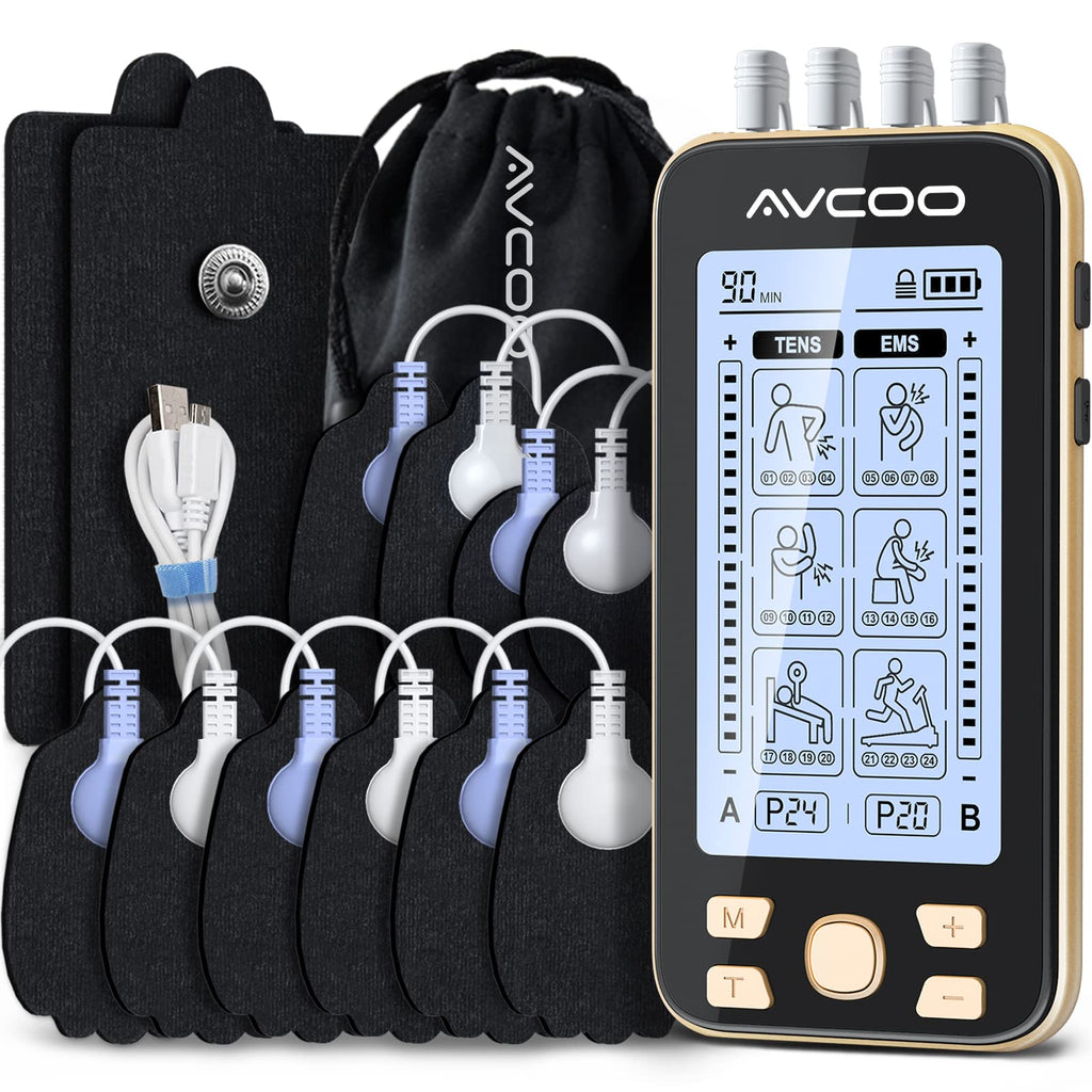 [Australia - AusPower] - AVCOO 4 Channel TENS EMS Unit 24 Modes Muscle Stimulator for Pain Relief Therapy, Rechargeable Electronic Pulse Massager Machine with 12 Pads, Dust-Proof Bag, Fastening Cable Ties. 