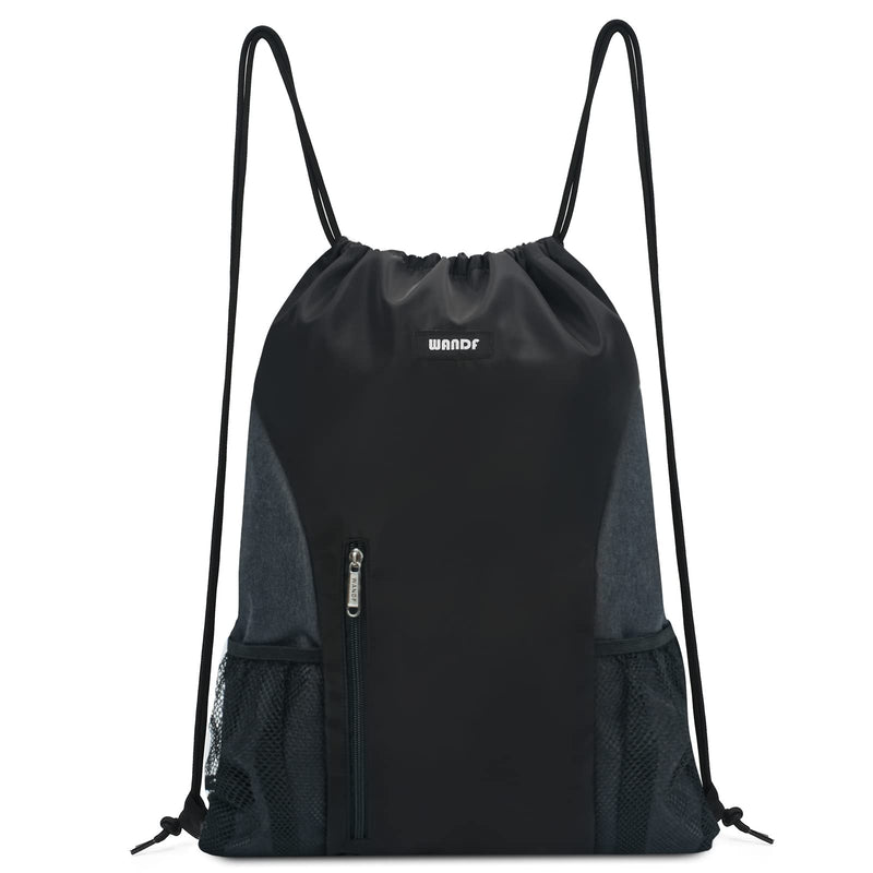 [Australia - AusPower] - WANDF Drawstring Backpack Sports Gym Sackpack with Mesh Pockets Water Resistant String Bag for Women Men Children Black 