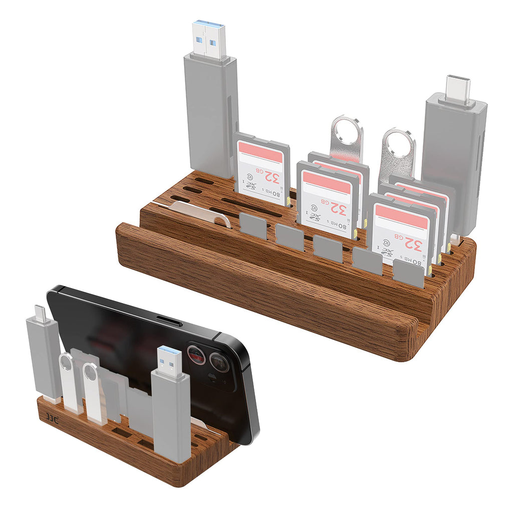 [Australia - AusPower] - Wooden Desktop Organizer for 9 SD Cards 5 Micro SD Cards 5 Flash Drives/Card Reader(Type A) and 4 Flash Drives/Card Reader(Type C),Home Office Desk Organizer for Flash Drive with Cell Phone Stand Black Walnut Wood 