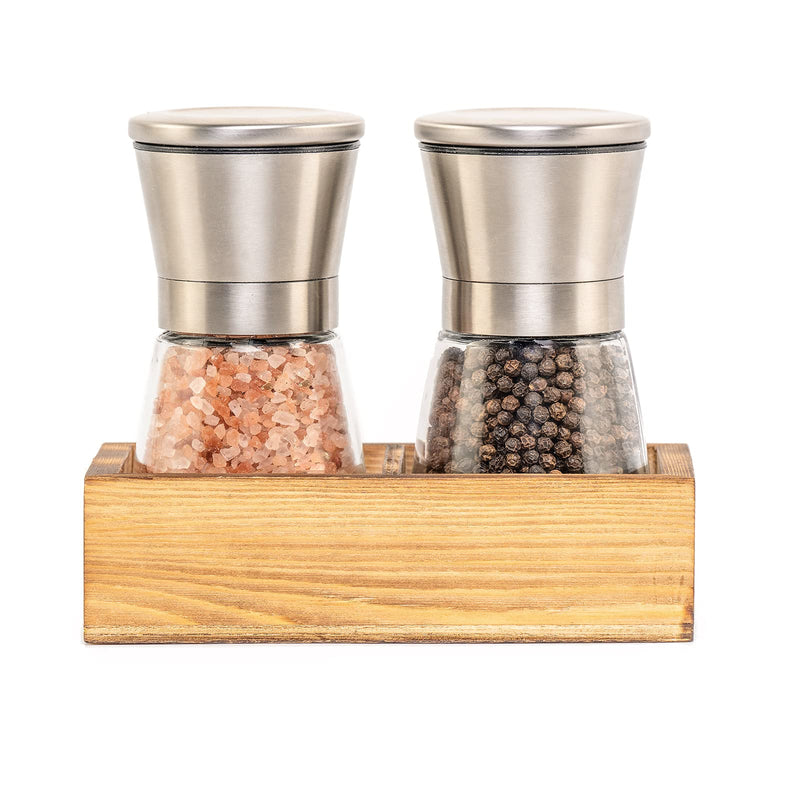 [Australia - AusPower] - Salt and Pepper Grinder Set with Wood Tray, Manual Sea Salt, Spice and Peppercorn Mill, Glass Container, Stainless Steel Cap, Adjustable Coarseness and Refillable for Modern Farmhouse Kitchen Table Clear/Silver 