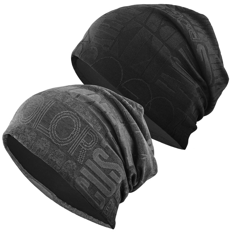 [Australia - AusPower] - EINSKEY Slouchy Beanie for Men/Women 2-Pack Oversize Baggy Skull Cap Summer Thin Knit Hat Black & Gray (Alphabet) 