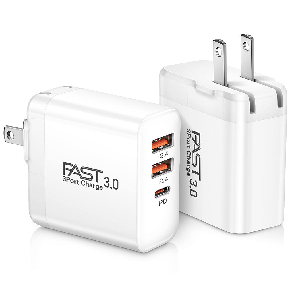 [Australia - AusPower] - USB C Charger 2Pack, iSeekerKit 30W 3-Ports Fast Type C Wall Charger with PD 3.0 + 5V/2.4A Foldable USB Block Plug Compatible for iPhone 13/12/ Mini/Pro Max/11/11 Pro Max/Samsung Galaxy/Pixel-White White White 