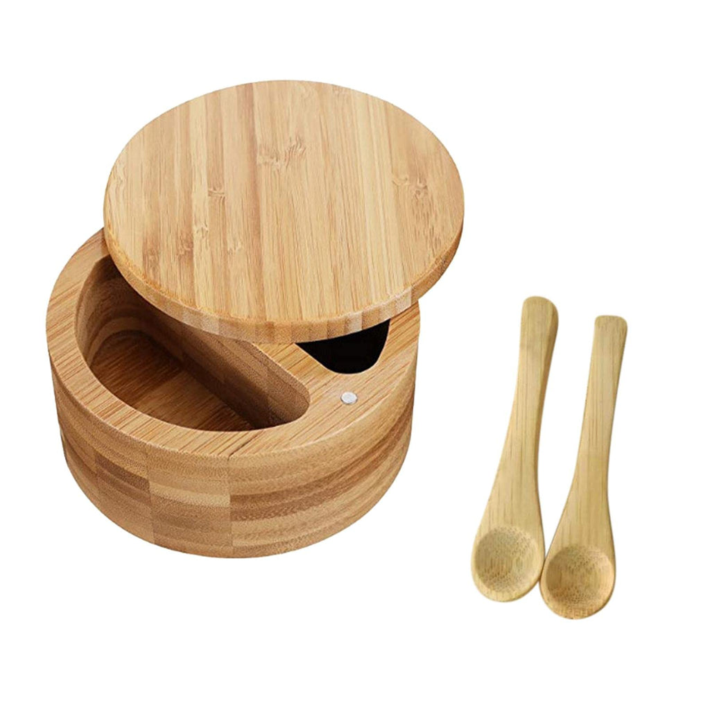 [Australia - AusPower] - Bamboo Seasonings Containers, Salt Box with Spoon, Kitchen Salt Cellar, Salt And Pepper Bowls Storage Container with Swivel Magnetic Lid (Brown) Brown 