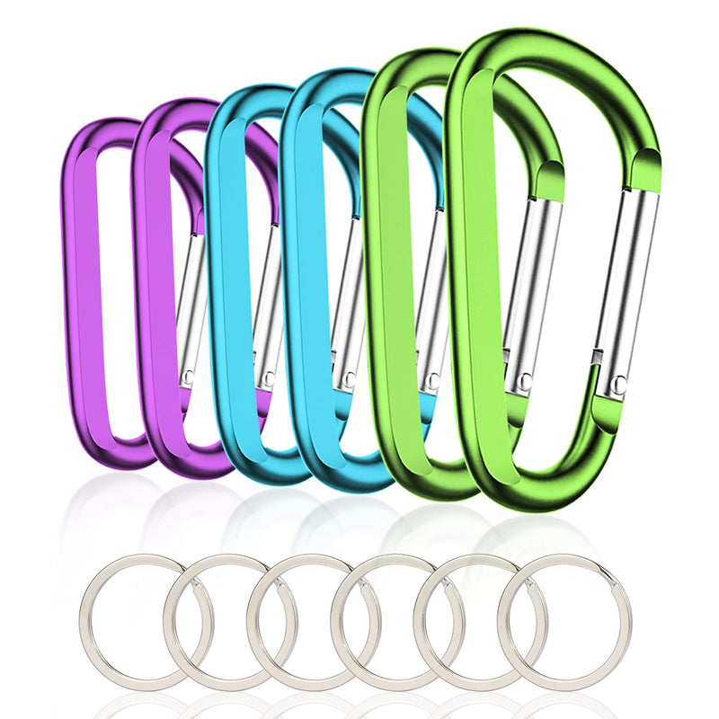 [Australia - AusPower] - 6PCS Carabiner Caribeaner Clip,3" Large Aluminum D Ring Shape Carabeaner with 6PCS Keyring Keychain Hook 2 Blue+2 Purple+2 Green 