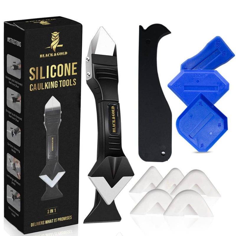 [Australia - AusPower] - 3 in 1 Silicone Caulking Tool Kit by Black & Gold, Grout Removal Tool with Stainless Steel Head  Perfect for Kitchen, Bathroom, Window & Frames Sealant Seals 