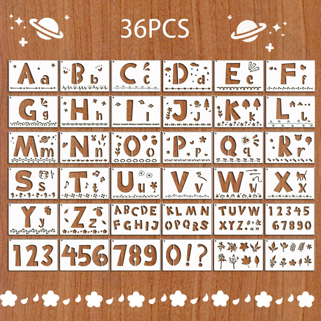 [Australia - AusPower] - 36 PCs Cute Letter Stencils Set for Kids-Reusable Plastic Art Craft Templates with Numbers and Signs - Alphabet Stencils with Calligraphy Font Upper and Lowercase Letters A 