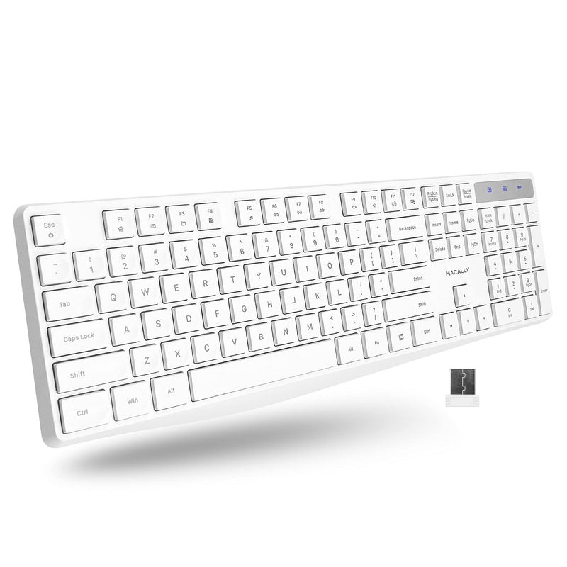 [Australia - AusPower] - Macally 2.4G USB Wireless Keyboard for Laptop or Computer - Keep it Simple - Full Size Keyboard with Numeric Keypad & 13 Shortcut Keys - Plug and Play PC Keyboard Wireless - White Keyboard Cordless 