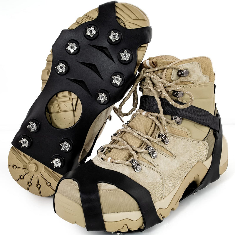 [Australia - AusPower] - 11 Spikes Crampons, Upgraded Version Stainless Steel Anti-Slip Microspikes, Ice Cleats Grips for Hiking Shoes and Boots, Hiking Fishing Walking Mountaineering Black Upgrade Stainless steel Medium[US Men:8-11 Women:10-13/EU:39-43] 