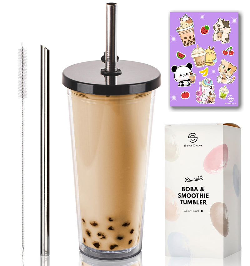 [Australia - AusPower] - 24 Oz Reusable Boba Cup, Smoothie Cup, Double Wall Insulated, Bubble Tea Cup, Reusable Boba Straw for Boba Pearls, Leakproof Lid, Boba Kit, Boba Tumbler, Boba Tea Kit, Bubble Tea Kit, Boba Tea Gifts Black 
