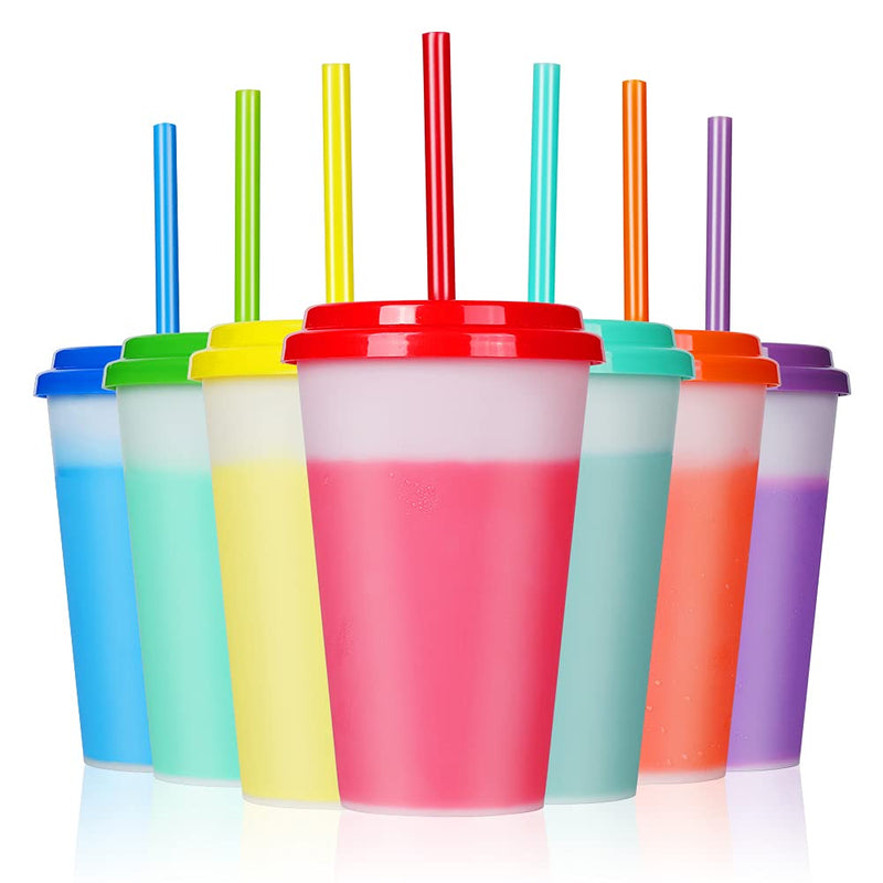 [Australia - AusPower] - 12oz Plastic Cups with Lids & Straws - 7 Pack Reusable Color Changing Cups Adults Drinking Cup | Bulk Tumblers with Straw for Party Ice Coffee Smoothie Juice 